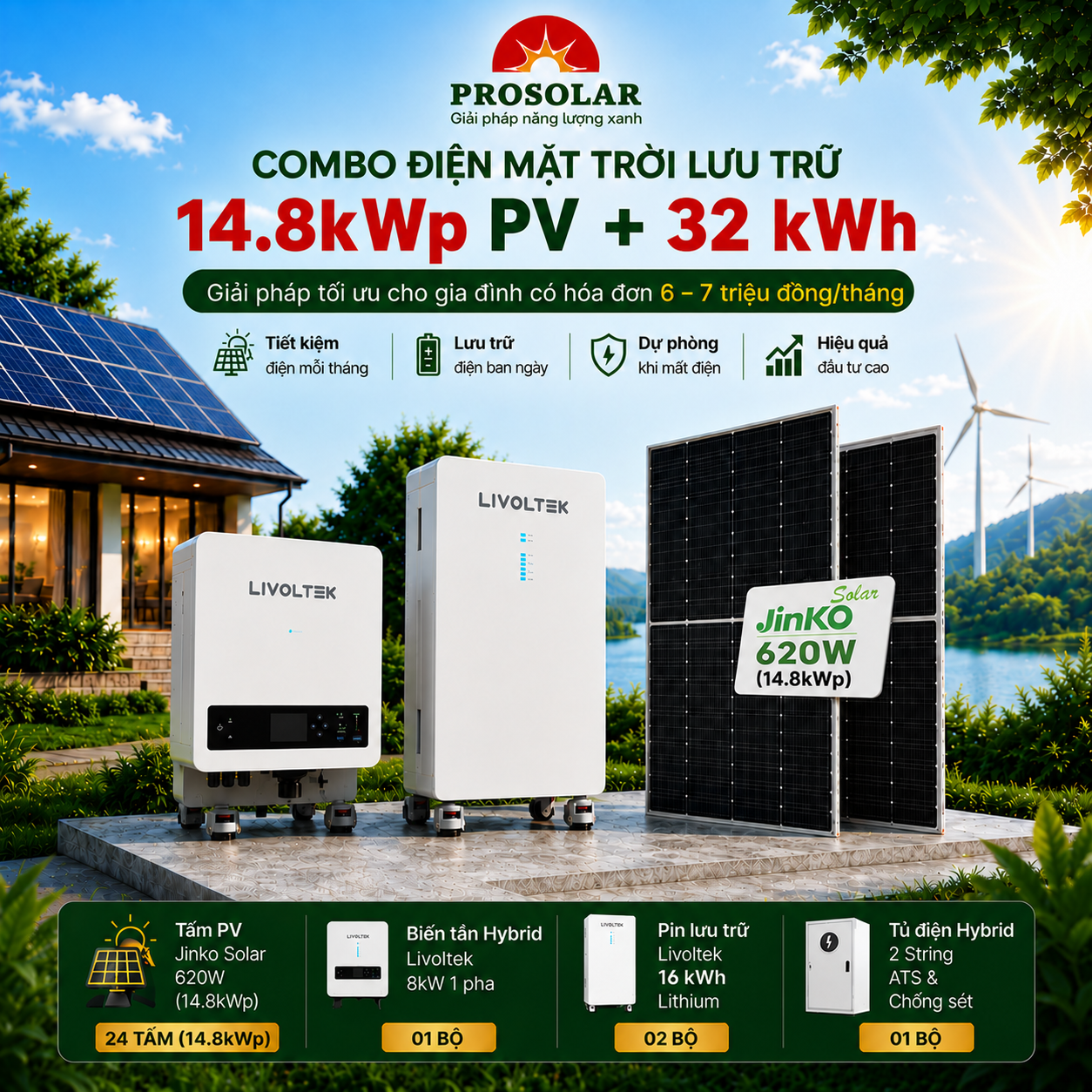 Combo Hybrid 14.8kWp - Lưu Trữ 32kWh (Jinko & Livoltek)